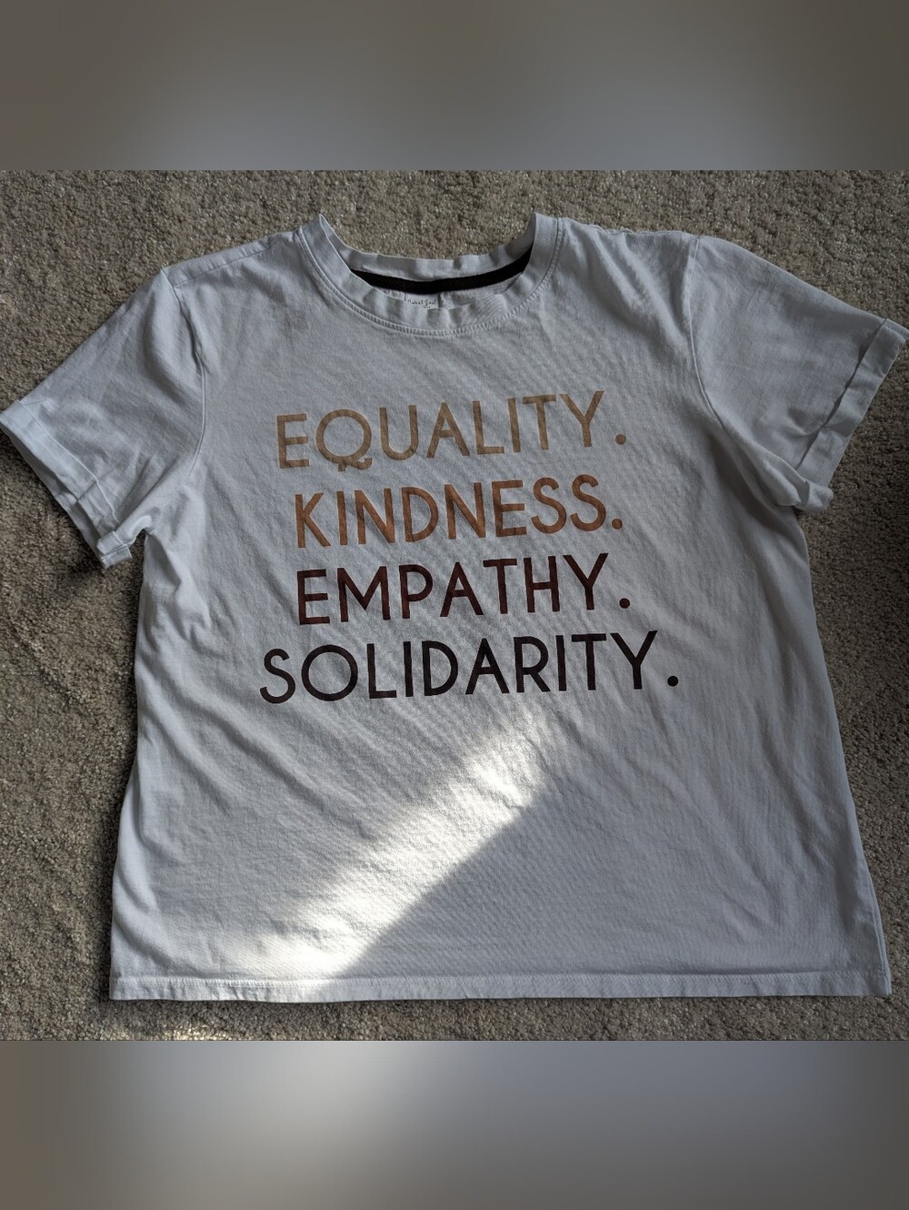Women's White Graphic Tee - Equality, Kindness, Empathy, Solidarity - Sz M